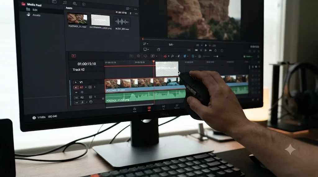 Illustration of a transparent PNG watermark being dragged onto a video track above footage in the DaVinci Resolve timeline