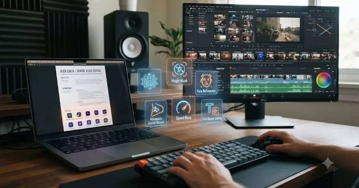 Illustration of a video editor's resume on a desk next to a DaVinci Resolve timeline, with AI skill icons connecting the two