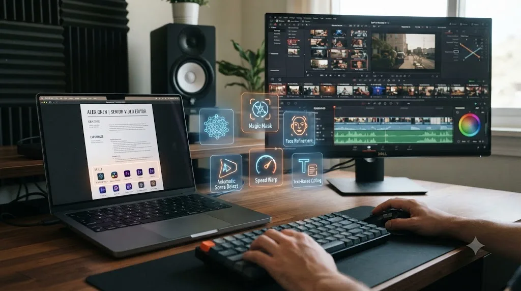 Illustration of DaVinci Resolve's Magic Mask isolating a subject with a resume bullet describing the skill overlaid