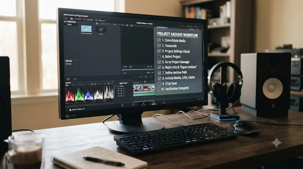 Illustration of a checklist next to the DaVinci Resolve interface showing the steps to export a project archive