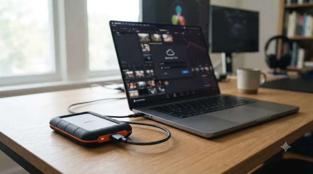 Illustration of a DaVinci Resolve Cloud Project split between a cloud-hosted database and locally stored media