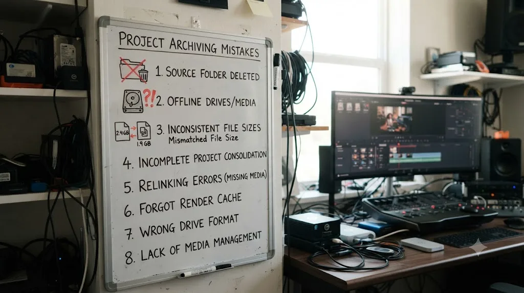 Illustration of a checklist of common mistakes that cause lost media when archiving a DaVinci Resolve project