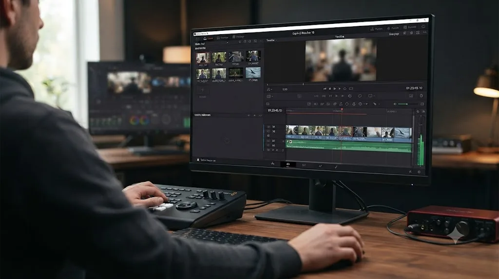 Illustration of a DaVinci Resolve media pool being trimmed down to only the clips used in a timeline before consolidation
