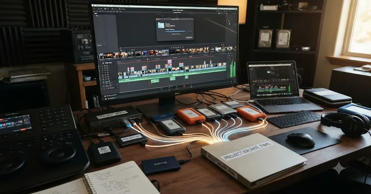 Illustration of a DaVinci Resolve project folder and its media files being bundled together into a single archive