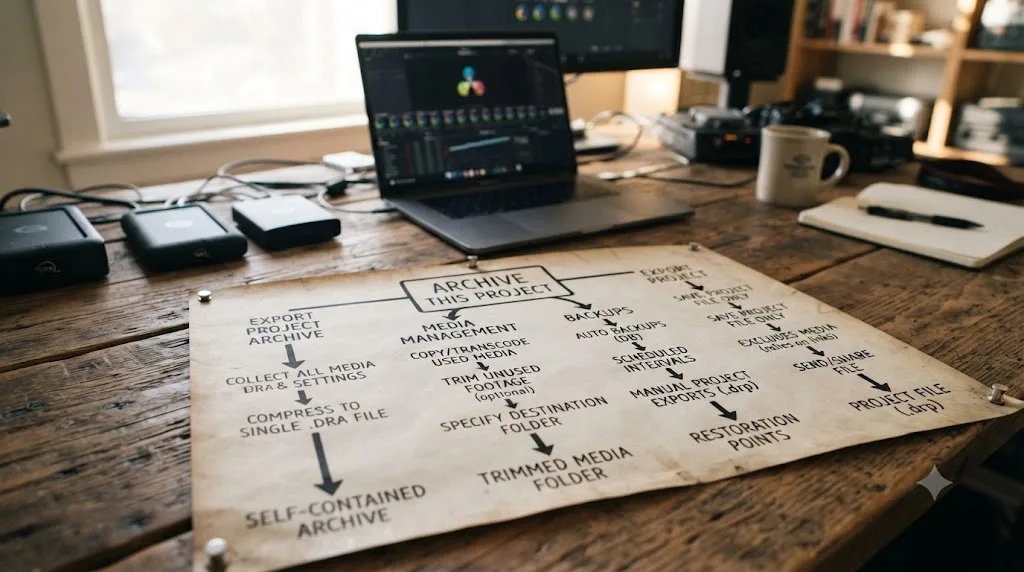 Illustration of a branching decision tree comparing DaVinci Resolve's Export Project Archive, Media Management, and Backup options