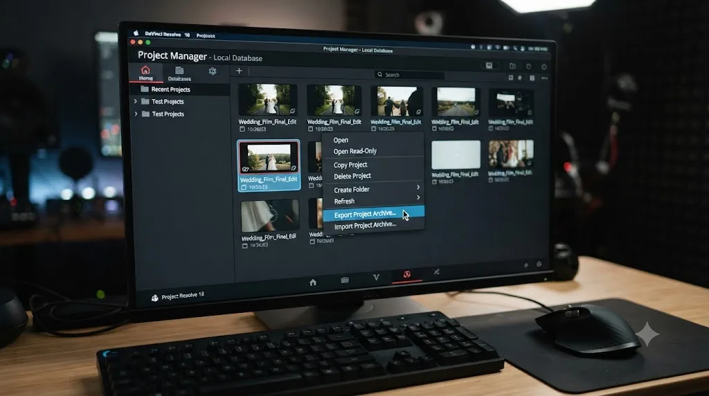 Illustration of the DaVinci Resolve Project Manager with the Export Project Archive option highlighted in a right-click menu
