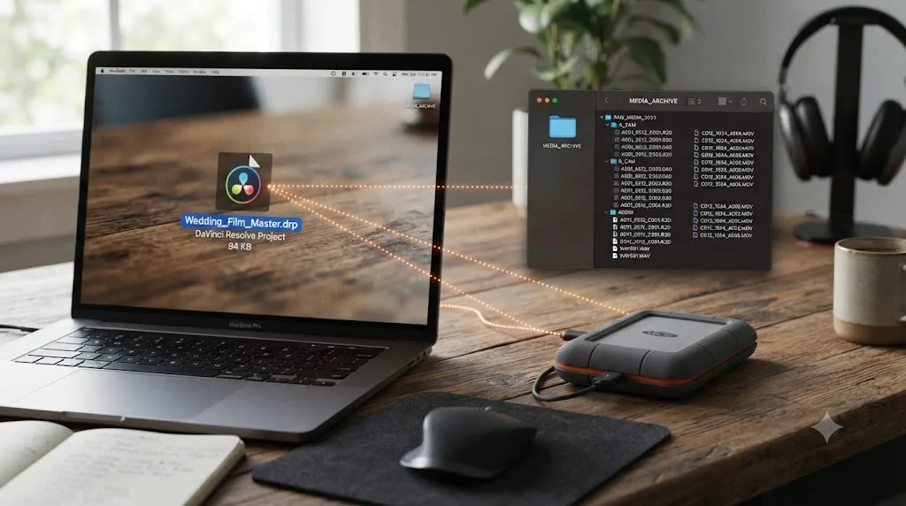 Illustration of a small DaVinci Resolve project file connected by thin lines to media stored on a separate drive