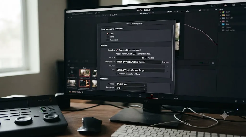 Illustration of DaVinci Resolve's Media Management window showing copy, move, and transcode options with a handles setting