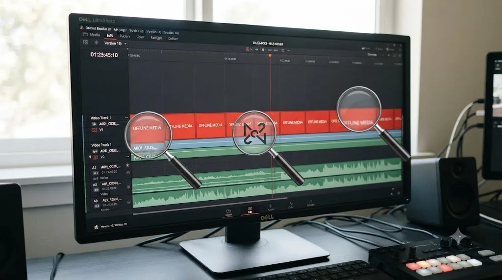Illustration of a DaVinci Resolve timeline showing red offline media warnings across several clips