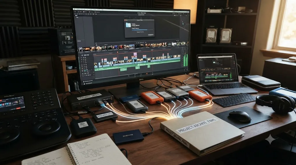 Illustration of a DaVinci Resolve project timeline with its media files being gathered into a single archive folder
