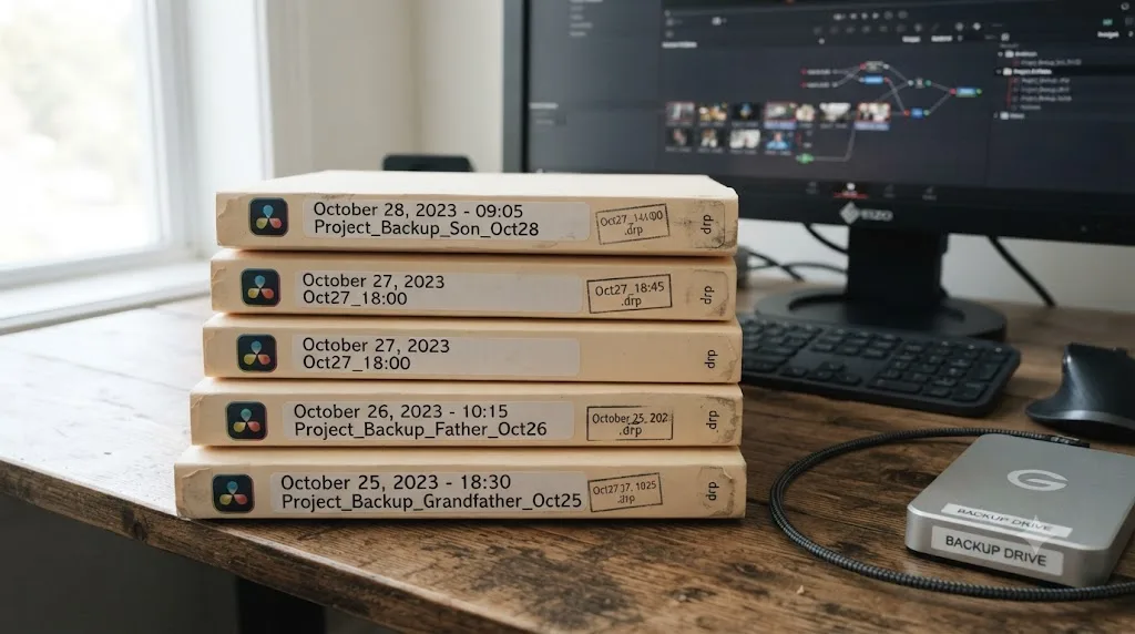 Illustration of a stack of layered DaVinci Resolve project backup files representing the automatic backup rotation