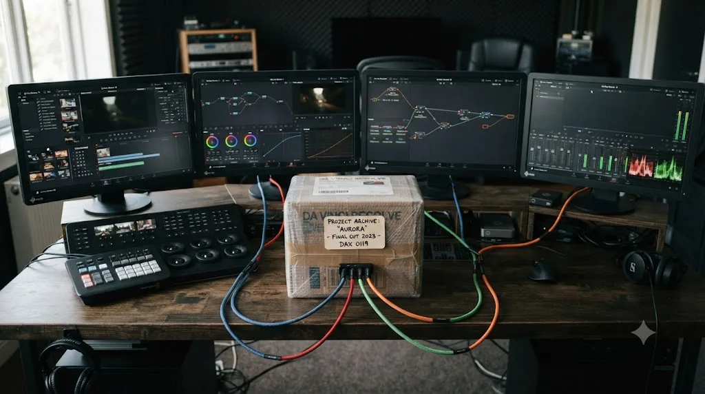 Illustration of DaVinci Resolve's Color, Fusion, and Fairlight pages connected to a single archived project bundle