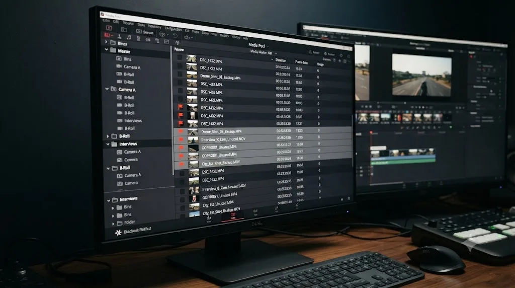 Illustration of a DaVinci Resolve Media Pool with unused clips flagged for removal before archiving