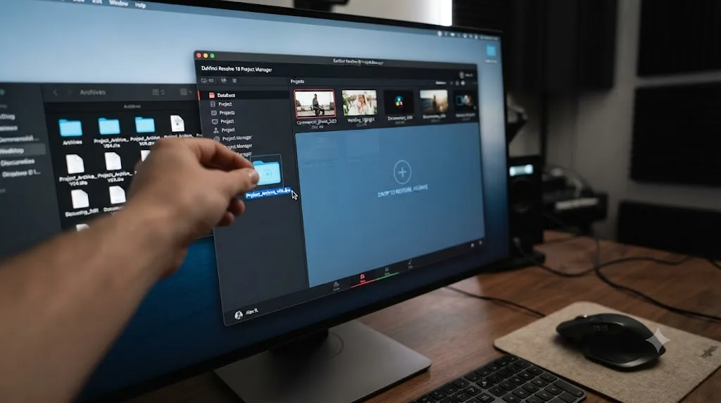 Illustration of a DaVinci Resolve Project Manager window with a project archive folder being dragged in to restore it