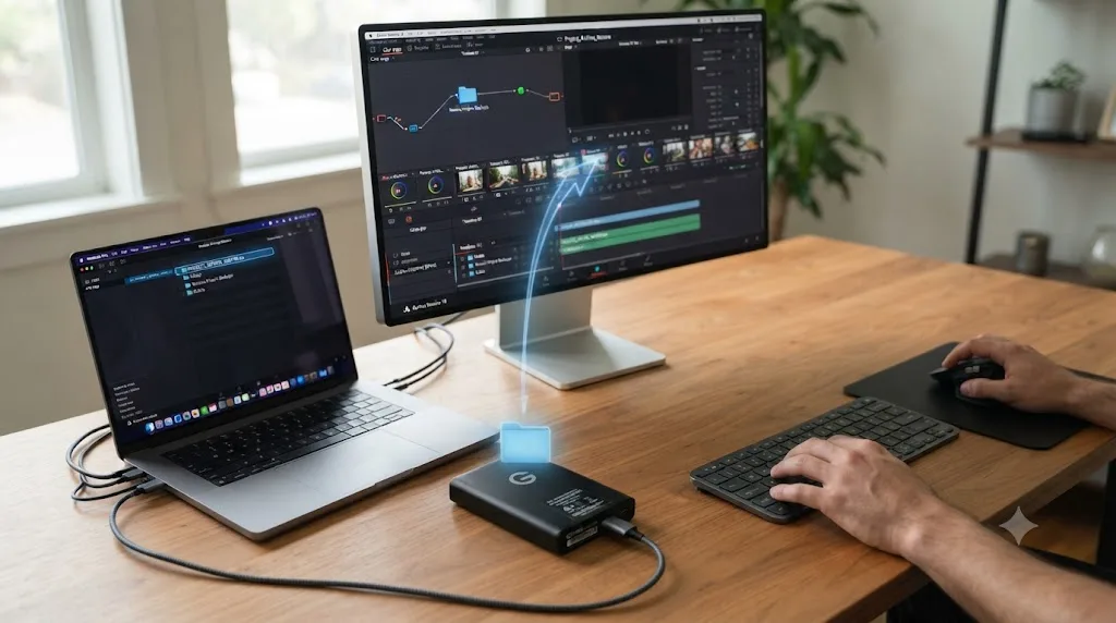 Illustration of a restored DaVinci Resolve project still linked back to its original archive folder rather than a fresh copy