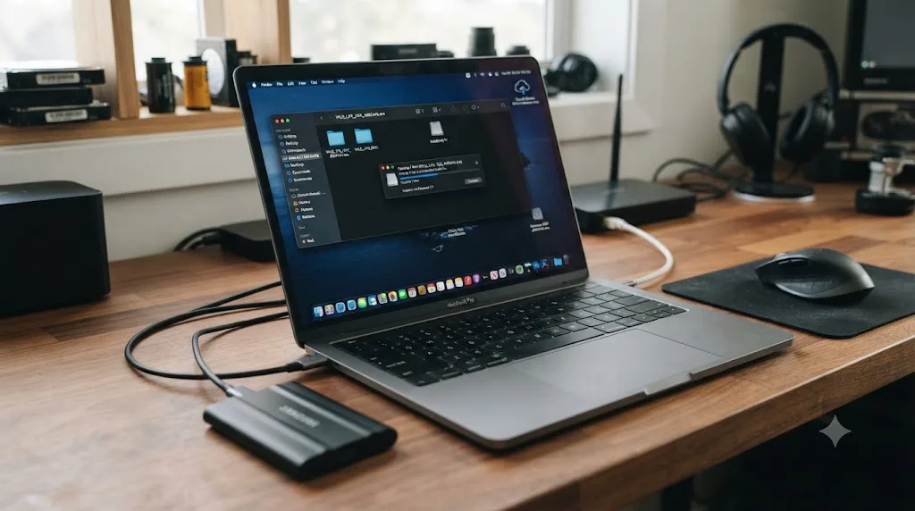 Illustration of a DaVinci Resolve project archive being copied between a local drive, an external drive, and cloud storage