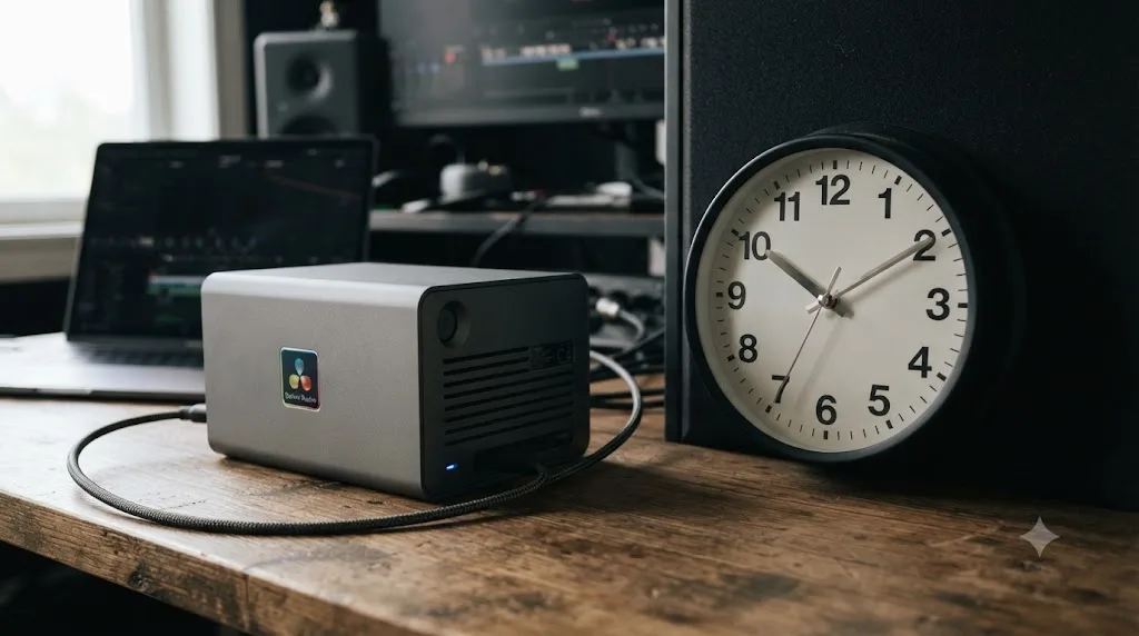 Illustration of a hard drive and a clock representing the storage space and time needed to archive a large DaVinci Resolve project