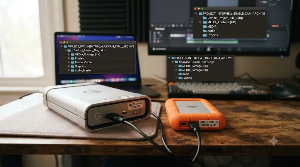 Illustration comparing a large multicam project archive and a smaller single-camera project archive on two different drives
