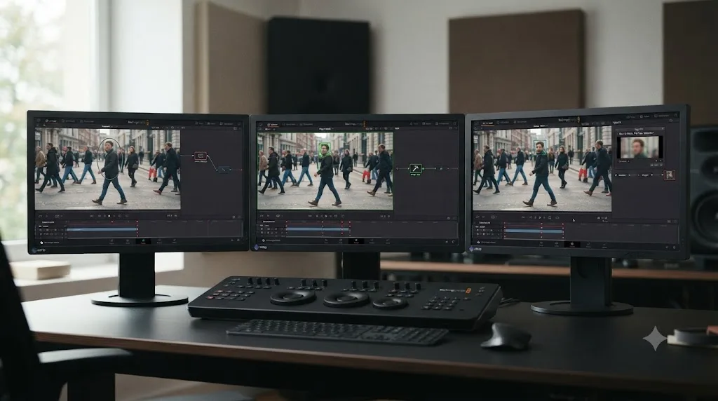 Illustration comparing manual, AI-assisted, and fully automatic face-blurring approaches for DaVinci Resolve
