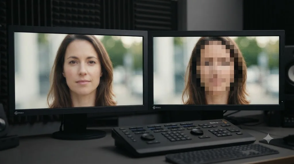 Illustration comparing a weak, still-recognizable face blur to a strong, unidentifiable mosaic blur