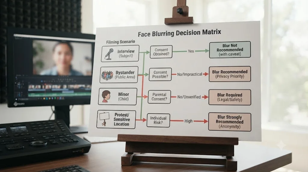 Illustration of a decision chart for when to blur faces in video for privacy and consent reasons