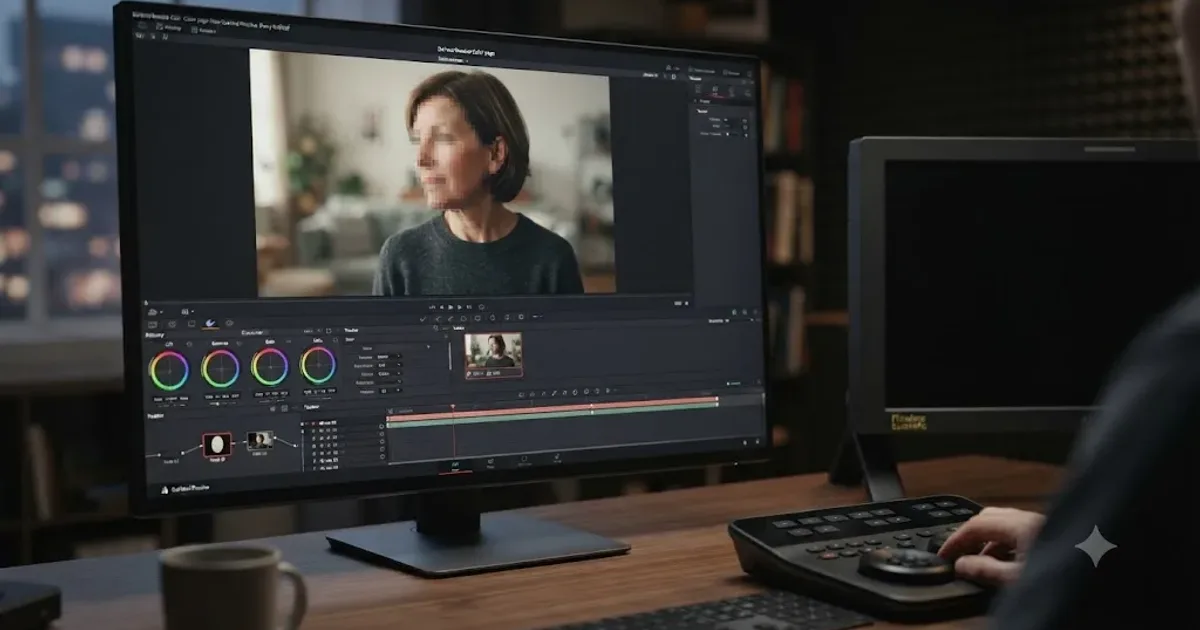 Illustration of a face being obscured by a tracked mosaic blur inside a DaVinci Resolve node graph