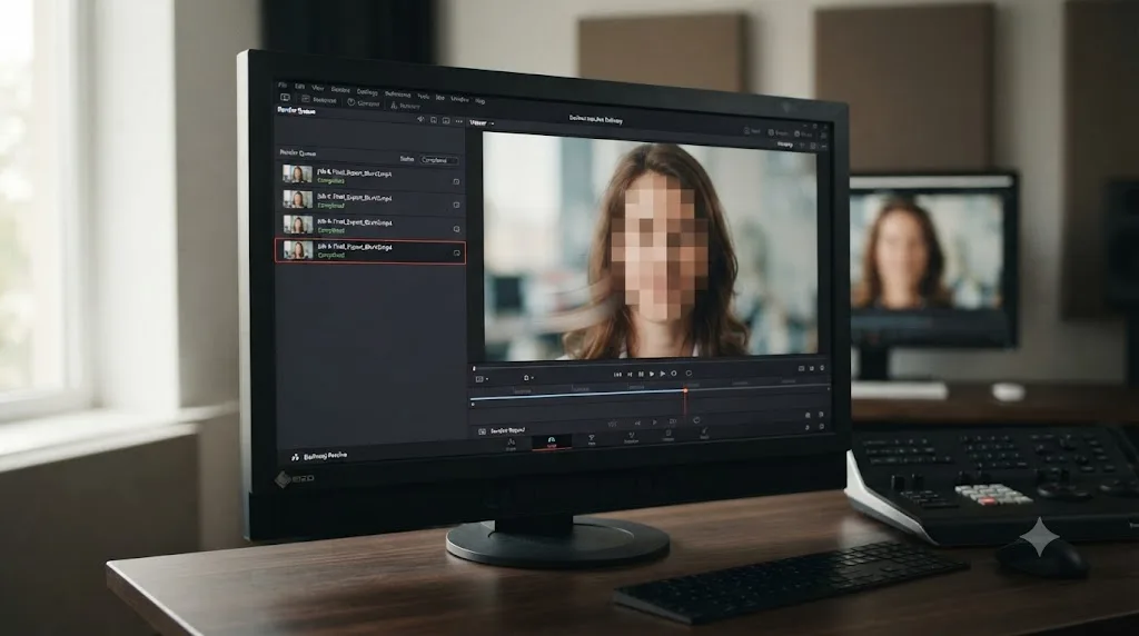 Illustration of a completed DaVinci Resolve export being reviewed at full resolution to verify a face blur
