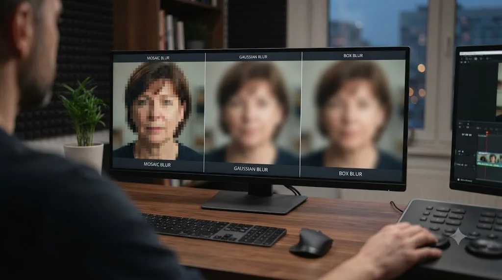 Illustration comparing Mosaic Blur, Gaussian Blur, and Box Blur applied to the same face in DaVinci Resolve