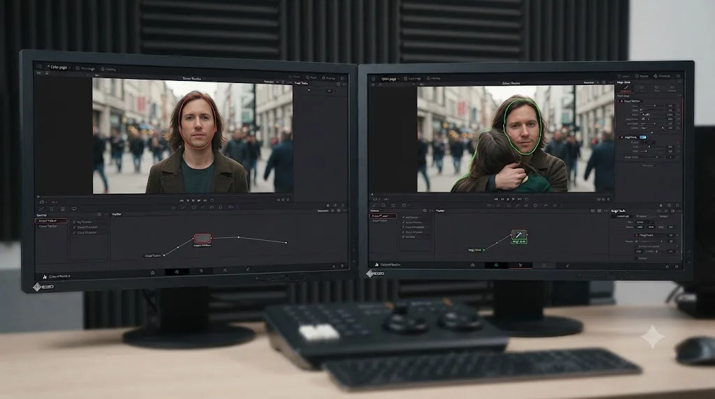 Illustration comparing DaVinci Resolve free version and Studio tools for blurring a face