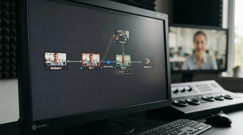 Illustration of a DaVinci Resolve Fusion node graph with a Blur node, Ellipse mask, and Tracker node blurring a face