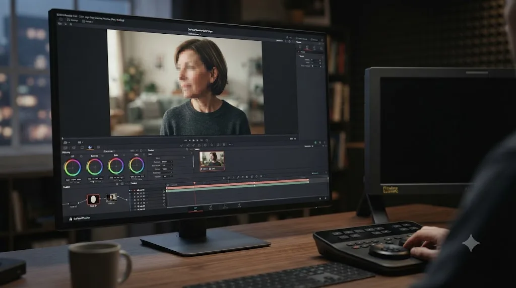 Illustration of a tracked mosaic blur following a face as it turns inside a DaVinci Resolve viewer
