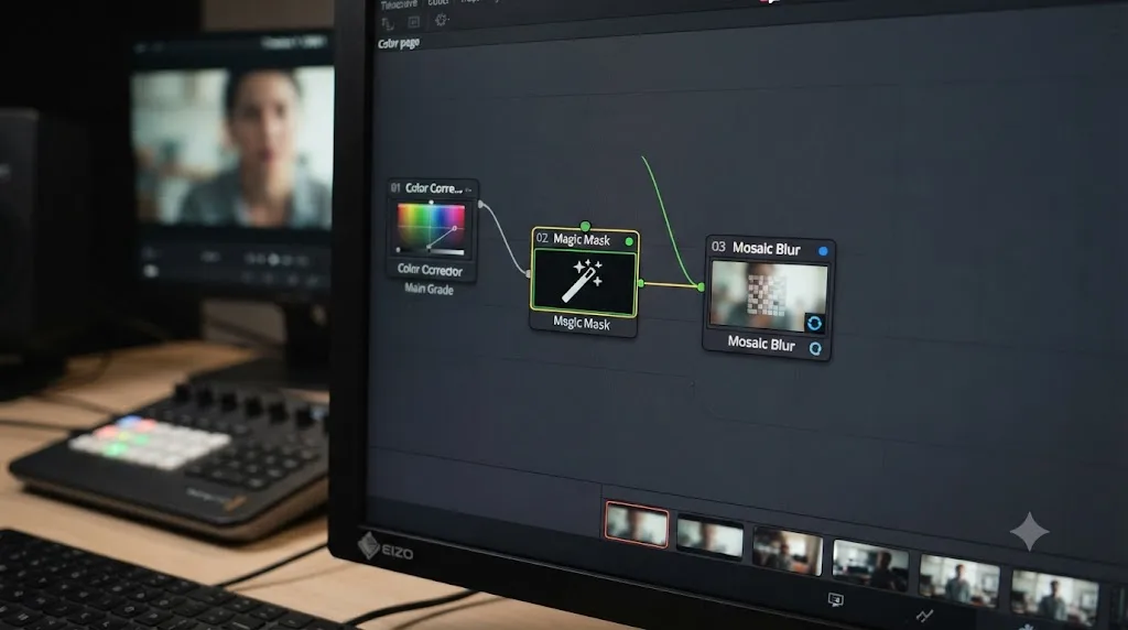 Illustration of a DaVinci Resolve Magic Mask node feeding a Mosaic Blur node with Render in Place enabled