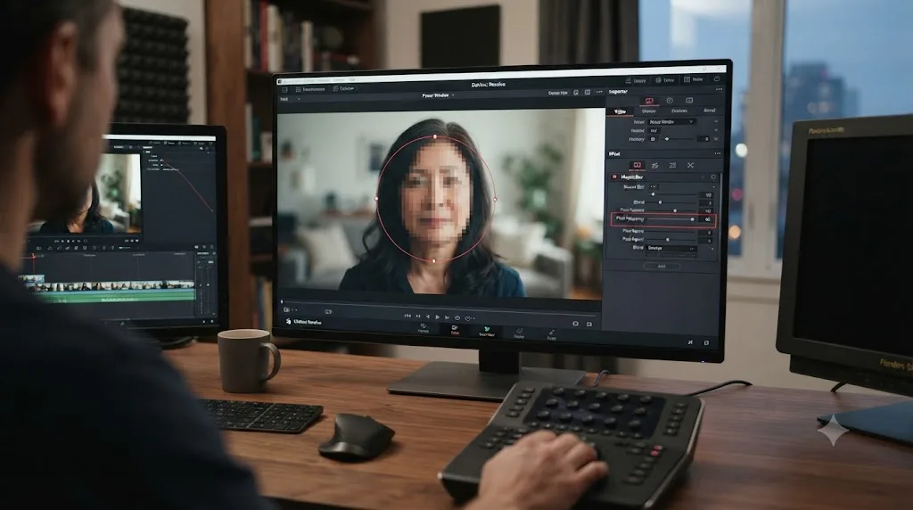 Illustration of a DaVinci Resolve Power Window over a face with the Mosaic Blur Pixel Frequency slider in the Inspector