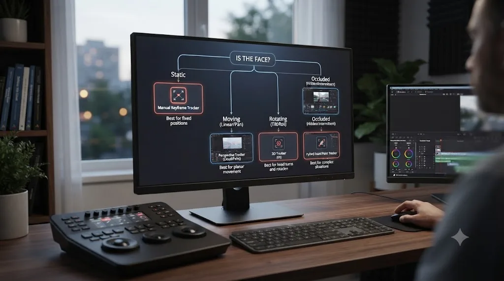 Illustration of a decision flowchart for choosing a face-tracking method in DaVinci Resolve based on motion type