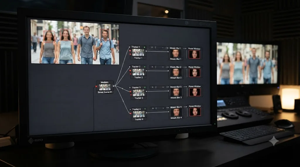 Illustration of four independently tracked faces each blurred with a separate node in DaVinci Resolve