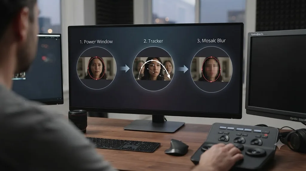 Illustration of the three-step DaVinci Resolve face blur workflow: window, track, blur