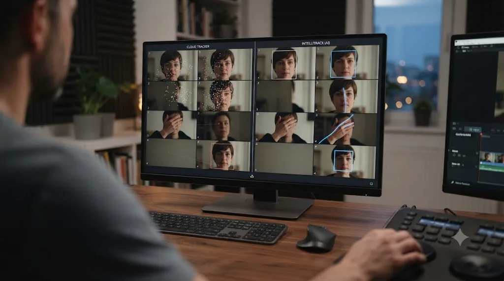 Illustration comparing DaVinci Resolve's Cloud Tracker and IntelliTrack tracking a face through an occlusion