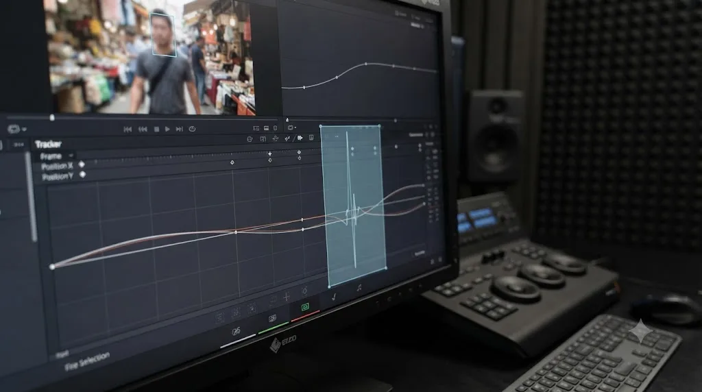 Illustration of a DaVinci Resolve tracker graph showing a broken face track being corrected