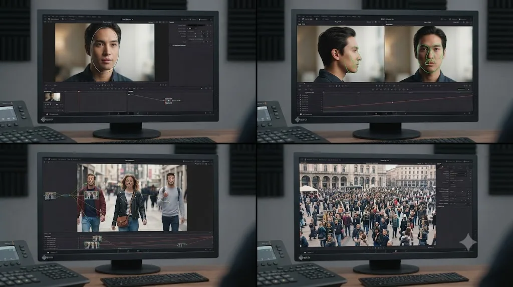Illustration of a worked example showing four different DaVinci Resolve face-blurring scenarios solved with different tools