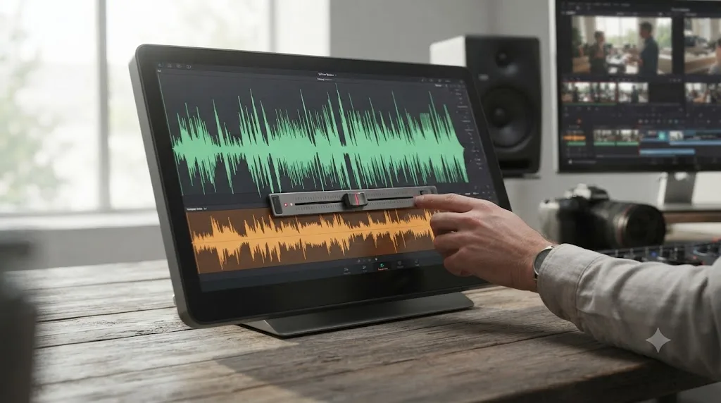 Illustration of an original audio waveform being mixed under a trending audio track with a volume slider between them