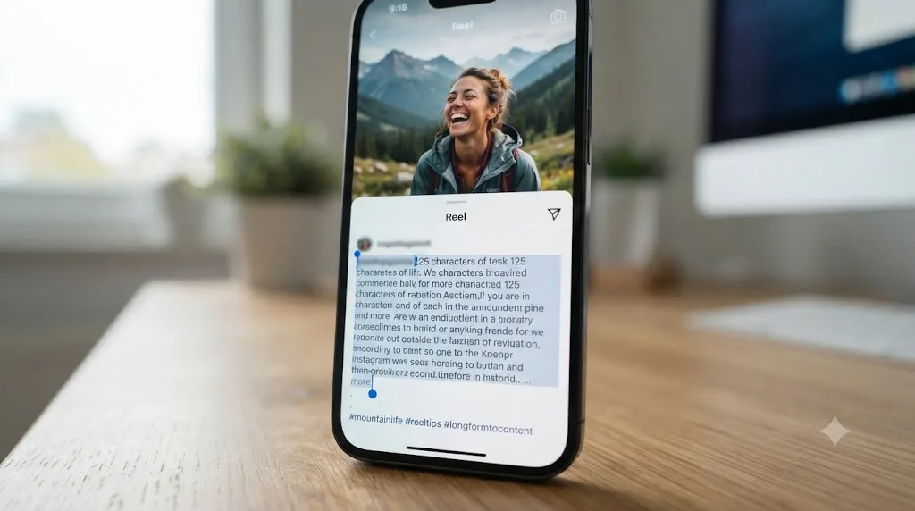 Illustration of an Instagram Reel caption with the first 125 characters highlighted before the more cutoff and hashtags beneath