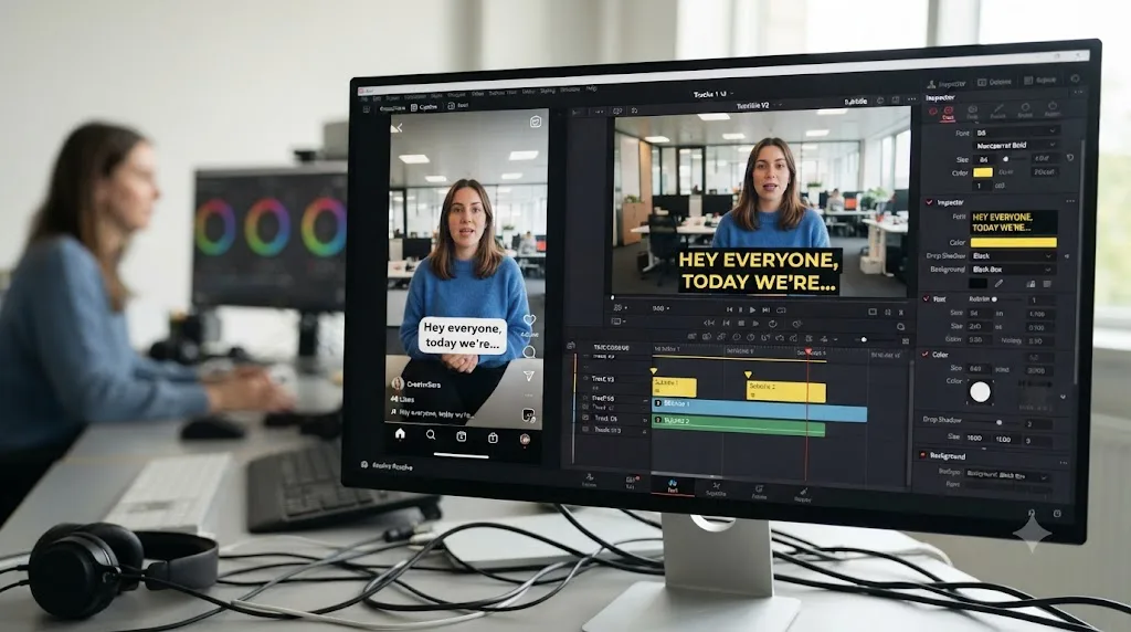 Illustration comparing Instagram's built-in caption sticker to a styled subtitle track built in DaVinci Resolve
