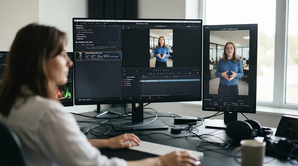 Illustration of a DaVinci Resolve Deliver page export queue next to a preview of the same clip after Instagram compression