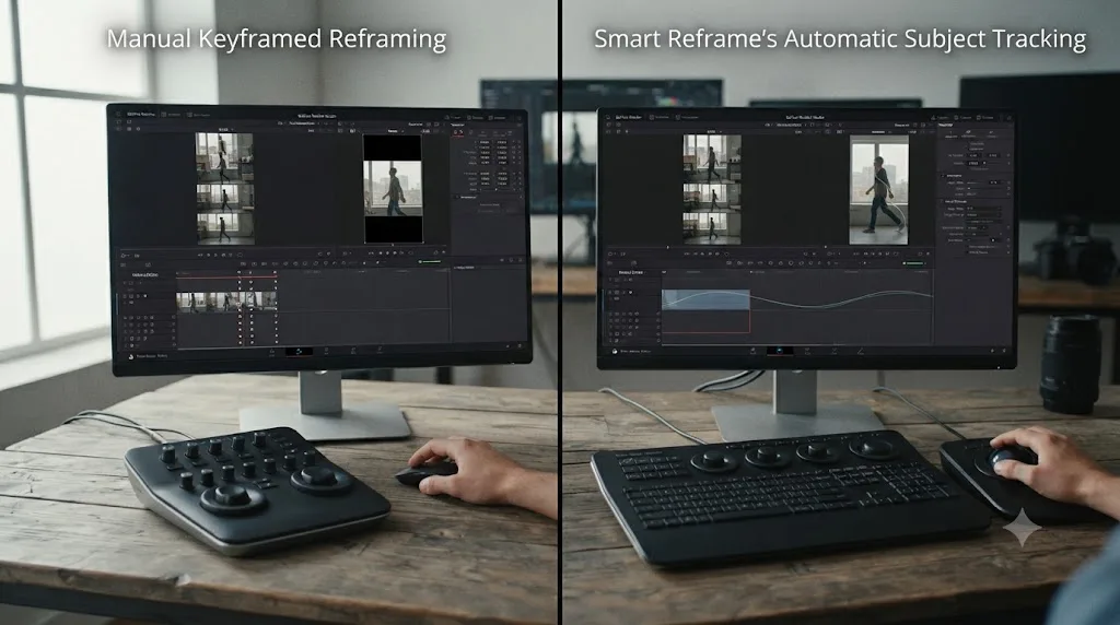 Illustration comparing manual keyframed reframing to DaVinci Resolve Studio's automatic Smart Reframe tracking