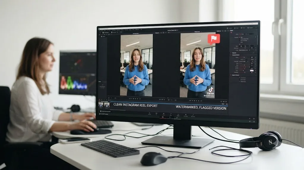 Illustration contrasting a clean vertical Instagram Reel export with a version carrying another platform's watermark flagged with a warning icon