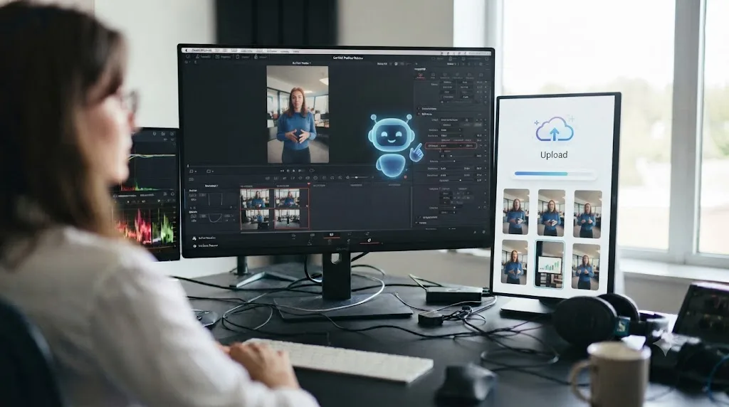 Illustration of an on-screen assistant pointing at a DaVinci Resolve control, next to an upload-based AI clip-finding tool