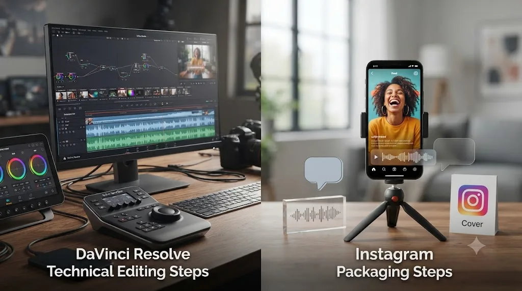 Illustration comparing DaVinci Resolve's technical editing steps to Instagram's packaging steps for a finished Reel