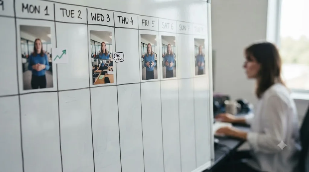 Illustration of a weekly content calendar with five Instagram Reel thumbnails spaced across nine days