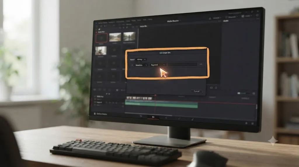 Illustration of an on-screen assistant pointing at a Smart Bin rule editor inside DaVinci Resolve's Media page