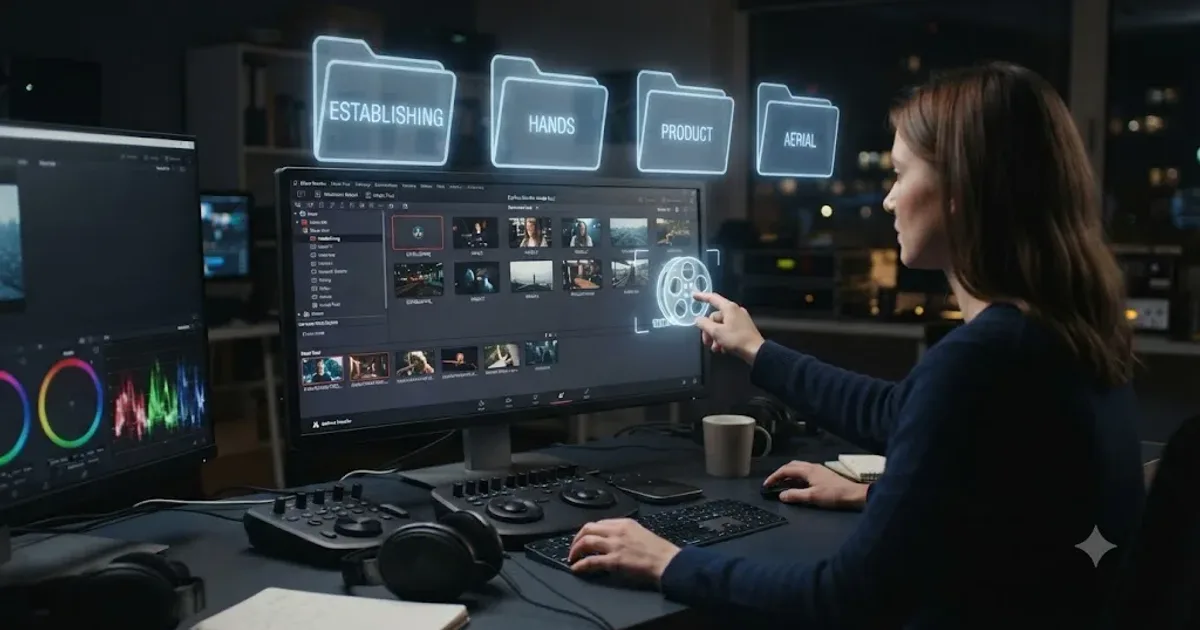 Illustration of a video editor organizing labeled footage folders and film reel icons into a glowing central library on a DaVinci Resolve desktop